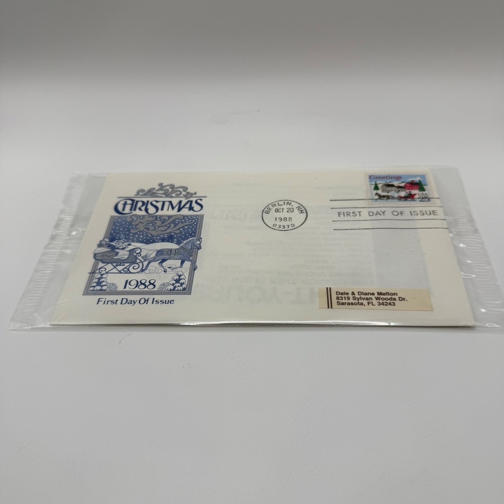 1988 USPS Christmas First Day of Issue Envelope Sleigh Berlin NH 25c Stamp